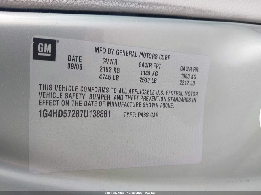 2007 Buick Lucerne Cxl VIN: 1G4HD57287U138881 Lot: 43374036