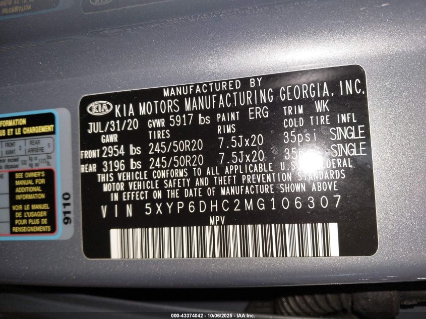 2021 Kia Telluride S VIN: 5XYP6DHC2MG106307 Lot: 43374042