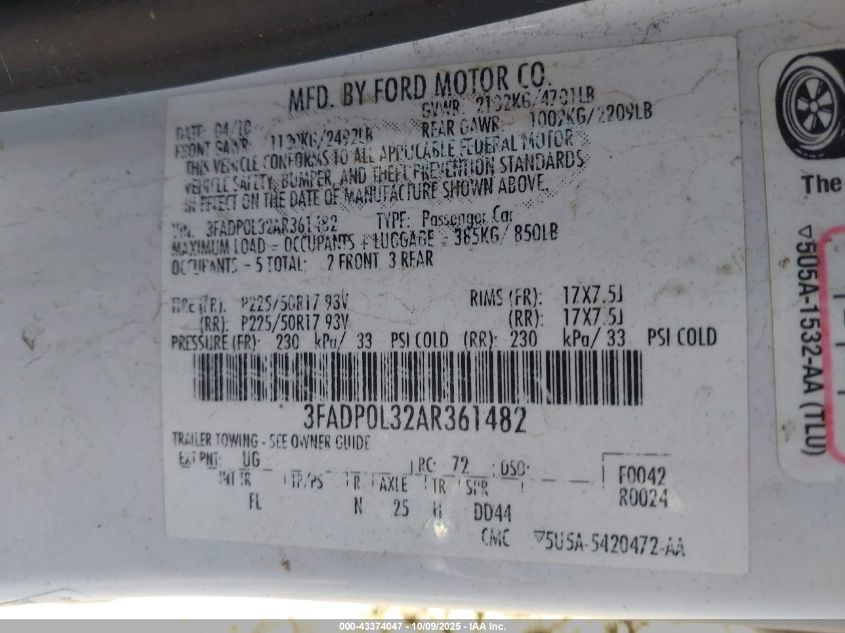 2010 Ford Fusion Hybrid VIN: 3FADP0L32AR361482 Lot: 43374047