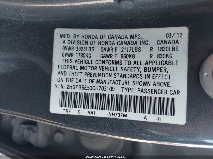 2012 Honda Civic Si VIN: 2HGFB6E50CH703109 Lot: 43374059