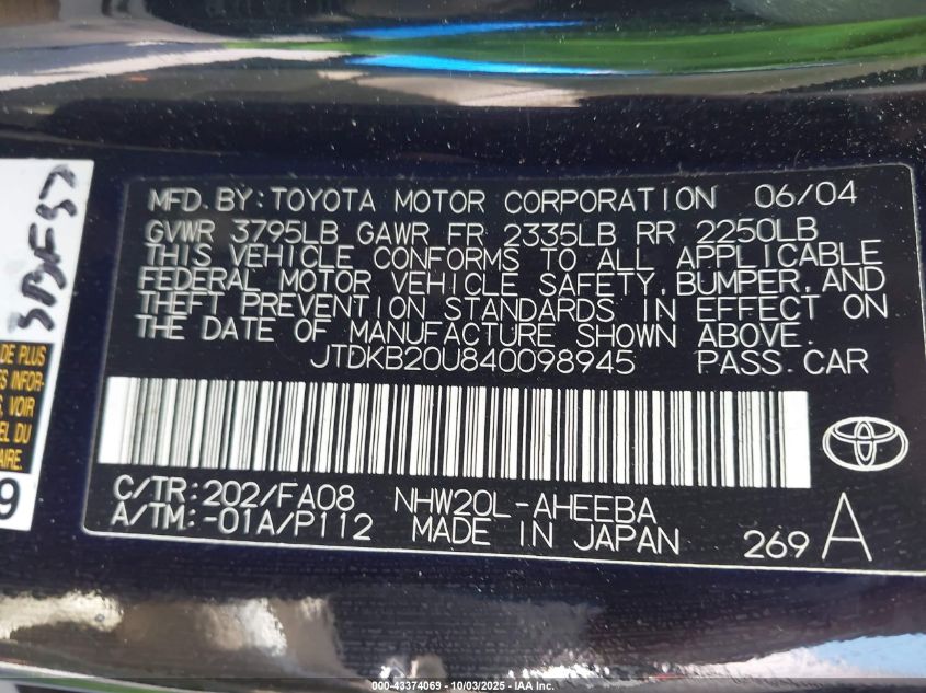 2004 Toyota Prius VIN: JTDKB20U840098945 Lot: 43374069