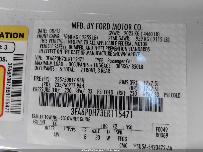 2014 Ford Fusion Se VIN: 3FA6P0H73ER115471 Lot: 43374070