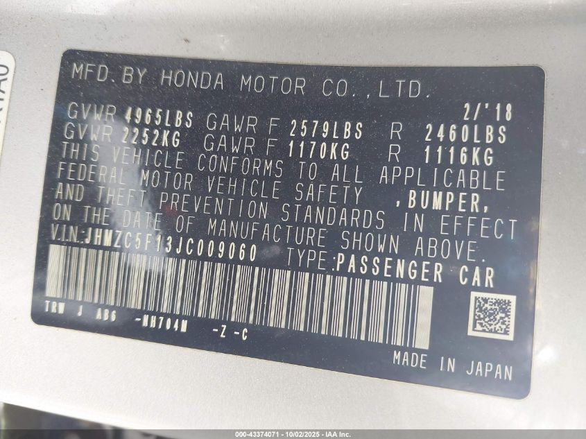 2018 Honda Clarity Plug-In Hybrid VIN: JHMZC5F13JC009060 Lot: 43374071