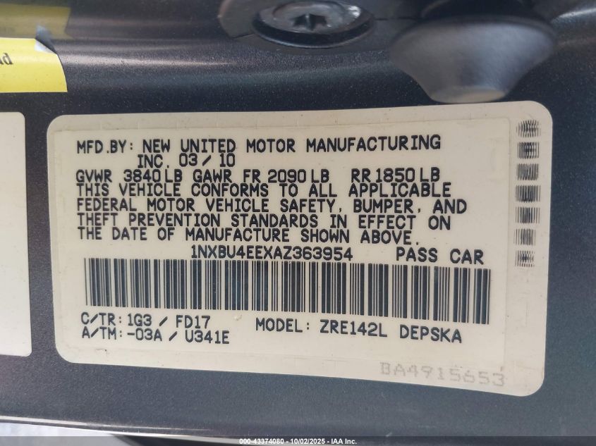 2010 Toyota Corolla S VIN: 1NXBU4EEXAZ363954 Lot: 43374080