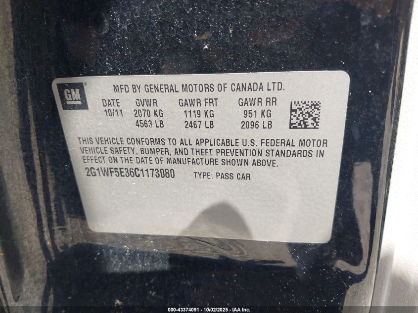 2012 Chevrolet Impala Ls VIN: 2G1WF5E36C1173080 Lot: 43374091