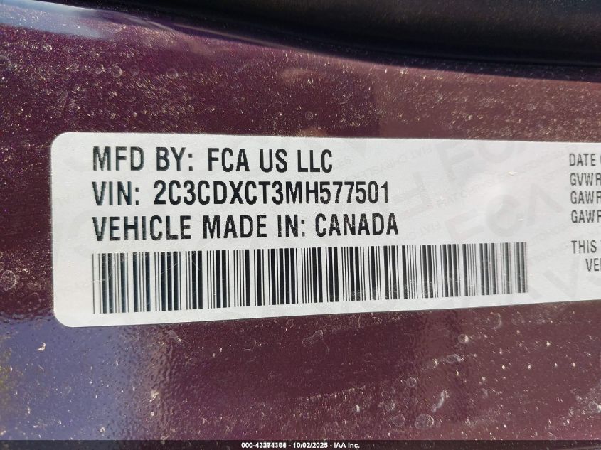 2021 Dodge Charger R/T Rwd VIN: 2C3CDXCT3MH577501 Lot: 43374104