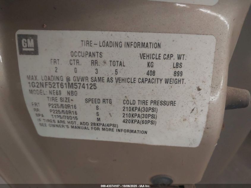 2001 Pontiac Grand Am Se1 VIN: 1G2NF52T61M574125 Lot: 43374107