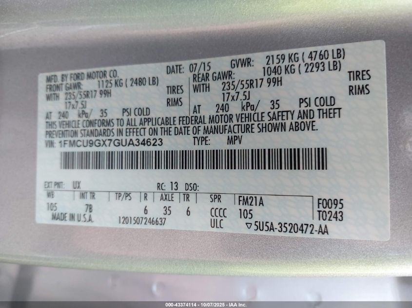 2016 Ford Escape Se VIN: 1FMCU9GX7GUA34623 Lot: 43374114