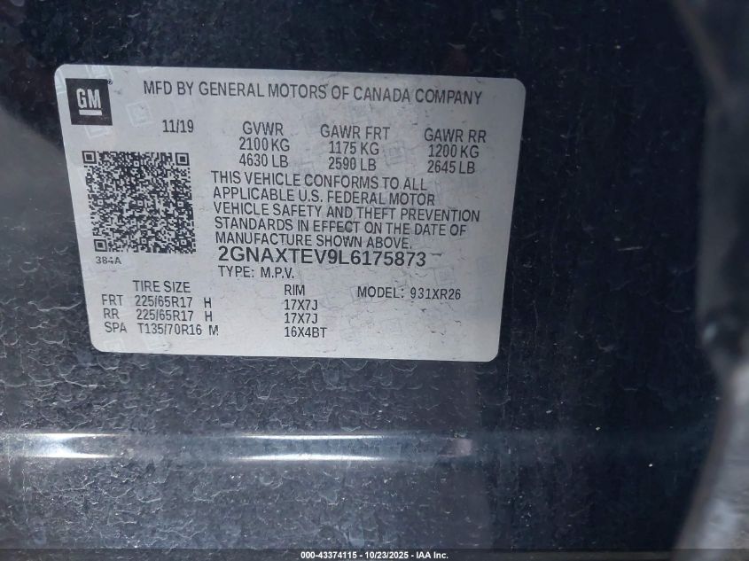 2020 Chevrolet Equinox Awd 2Fl VIN: 2GNAXTEV9L6175873 Lot: 43374115