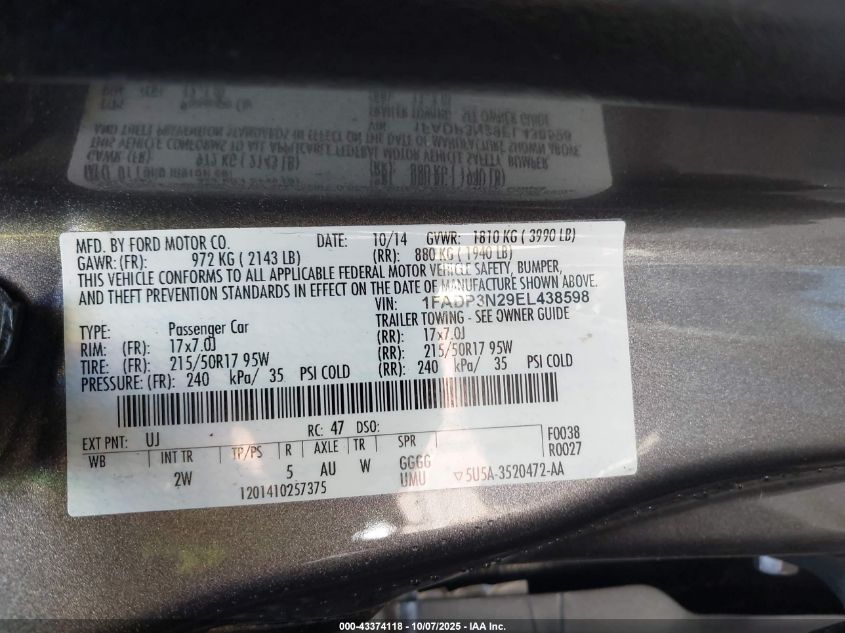 2014 Ford Focus Titanium VIN: 1FADP3N29EL438598 Lot: 43374118