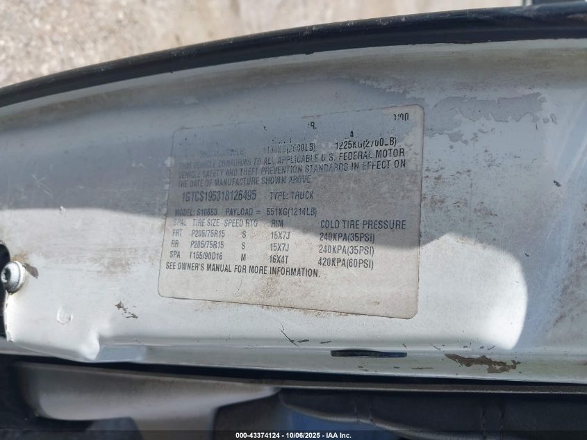 2001 GMC Sonoma Sls VIN: 1GTCS195318126495 Lot: 43374124