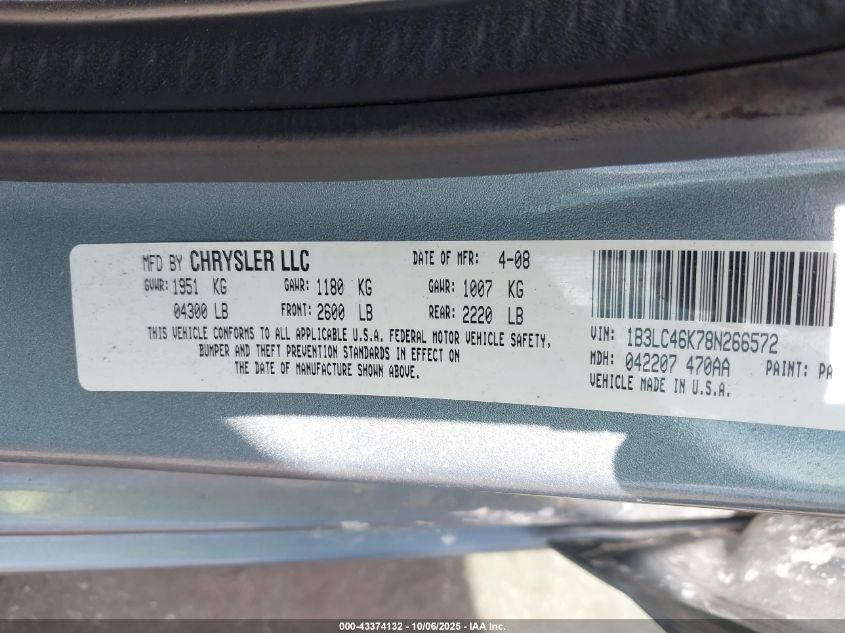 2008 Dodge Avenger Se VIN: 1B3LC46K78N266572 Lot: 43374132