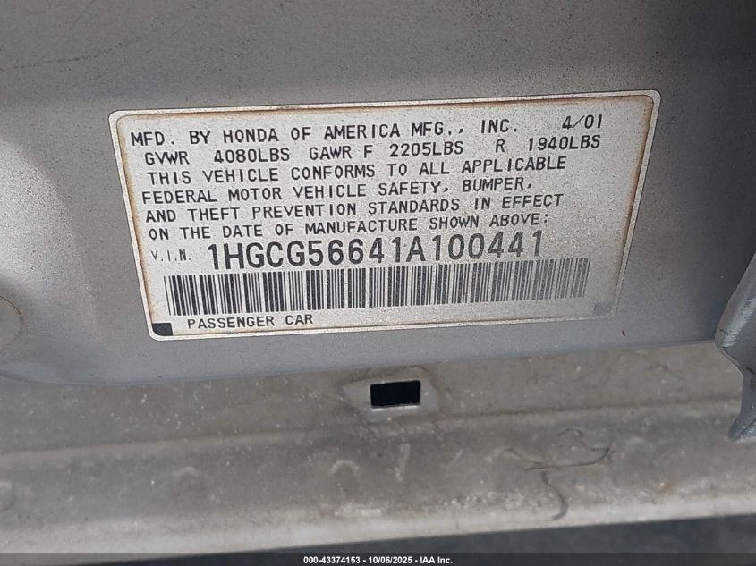 2001 Honda Accord 2.3 Ex VIN: 1HGCG56641A100441 Lot: 43374153