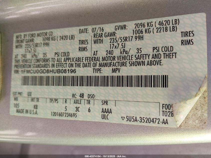 2017 Ford Escape Se VIN: 1FMCU0GD8HUB08196 Lot: 43374154