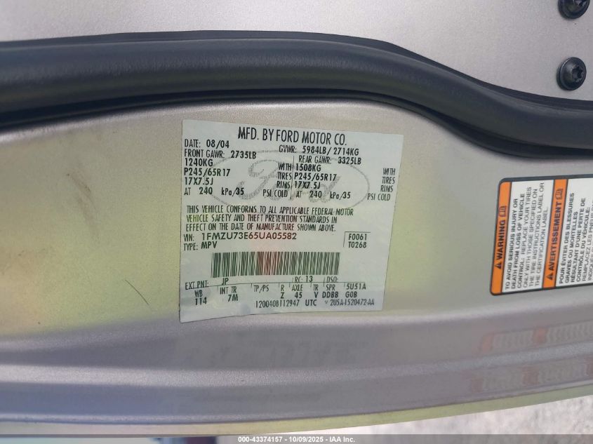 2005 Ford Explorer Xlt/Xlt Sport VIN: 1FMZU73E65UA05582 Lot: 43374157