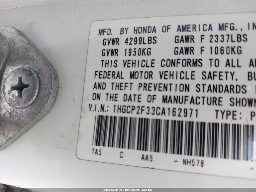 2012 Honda Accord 2.4 Lx VIN: 1HGCP2F33CA162971 Lot: 43374158