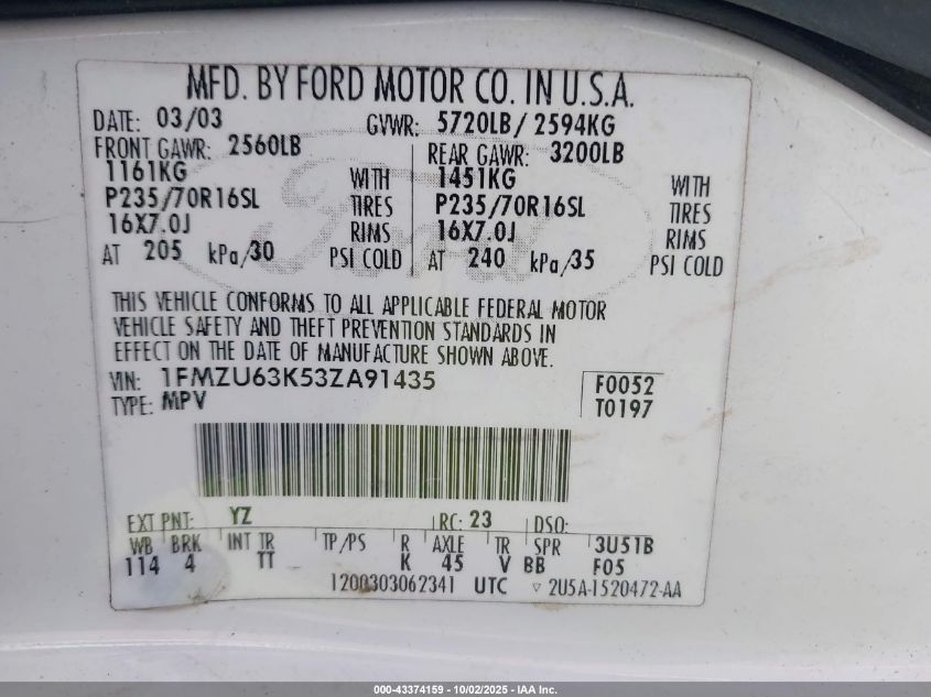 2003 Ford Explorer Nbx/Xlt VIN: 1FMZU63K53ZA91435 Lot: 43374159