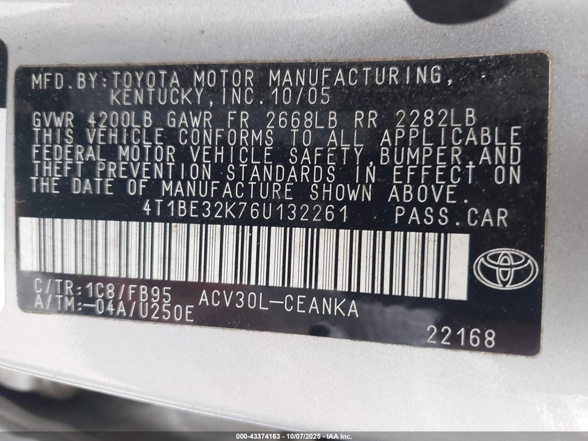 2006 Toyota Camry Le VIN: 4T1BE32K76U132261 Lot: 43374163