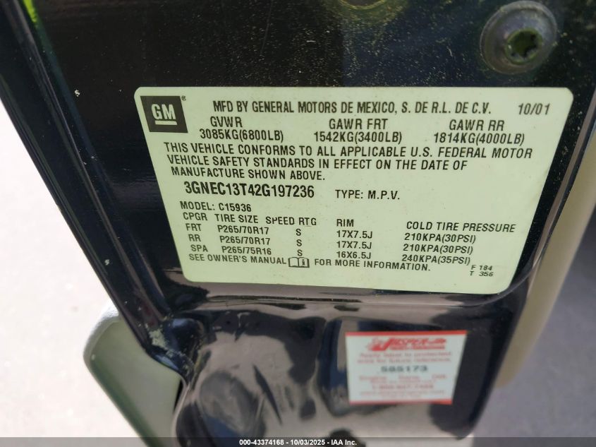 2002 Chevrolet Avalanche 1500 VIN: 3GNEC13T42G197236 Lot: 43374168