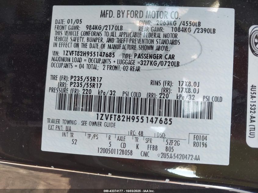 2005 Ford Mustang Gt Deluxe/Gt Premium VIN: 1ZVFT82H955147685 Lot: 43374177