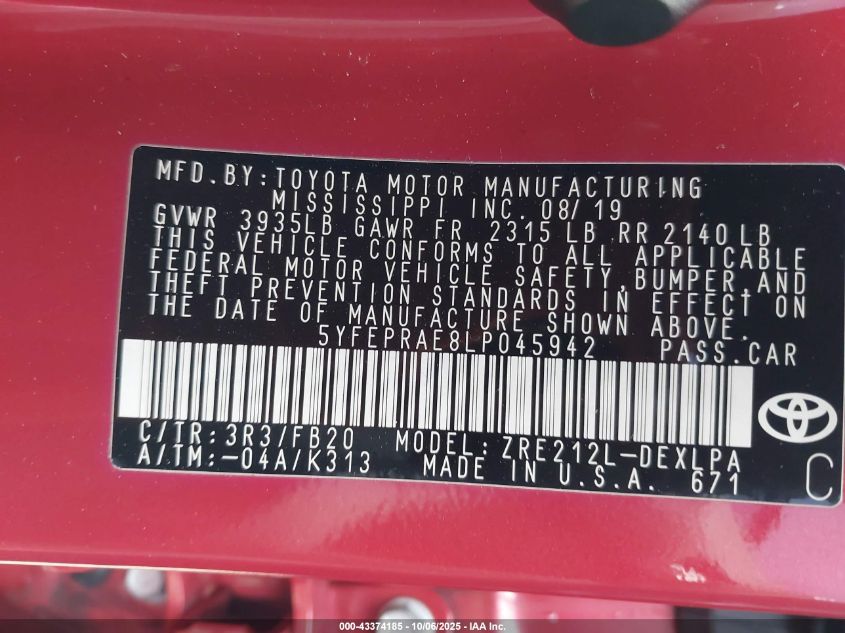 2020 Toyota Corolla Le VIN: 5YFEPRAE8LP045942 Lot: 43374185