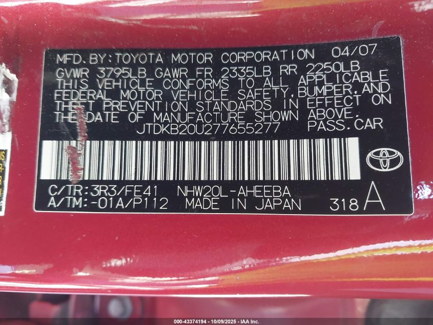 2007 Toyota Prius VIN: JTDKB20U277655277 Lot: 43374194