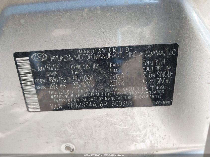 2023 Hyundai Santa Fe Sel VIN: 5NMS34AJ6PH600384 Lot: 43374200
