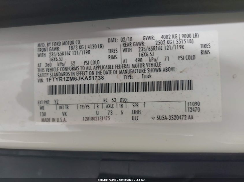 2018 Ford Transit T-250 VIN: 1FTYR1ZM6JKA51738 Lot: 53329745