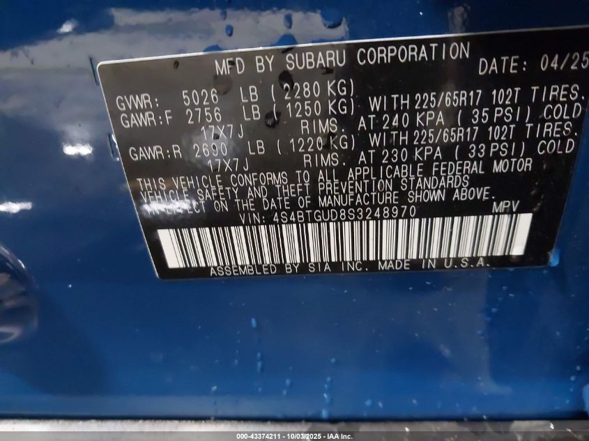 2025 Subaru Outback Wilderness VIN: 4S4BTGUD8S3248970 Lot: 43374211