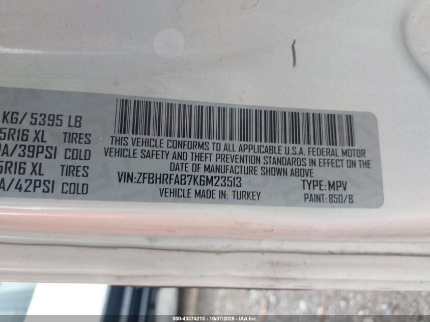 2019 Ram Promaster City Tradesman VIN: ZFBHRFAB7K6M23513 Lot: 43374215