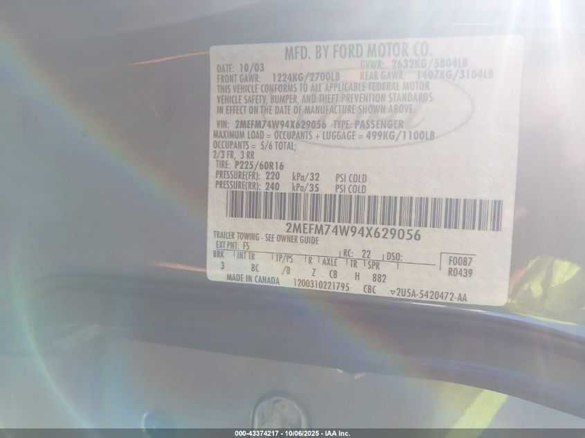 2004 Mercury Grand Marquis Gs VIN: 2MEFM74W94X629056 Lot: 43374217