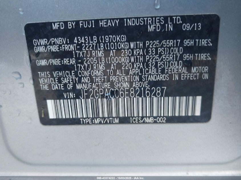 2014 Subaru Xv Crosstrek 2.0I Premium VIN: JF2GPACC6E8216287 Lot: 43374222