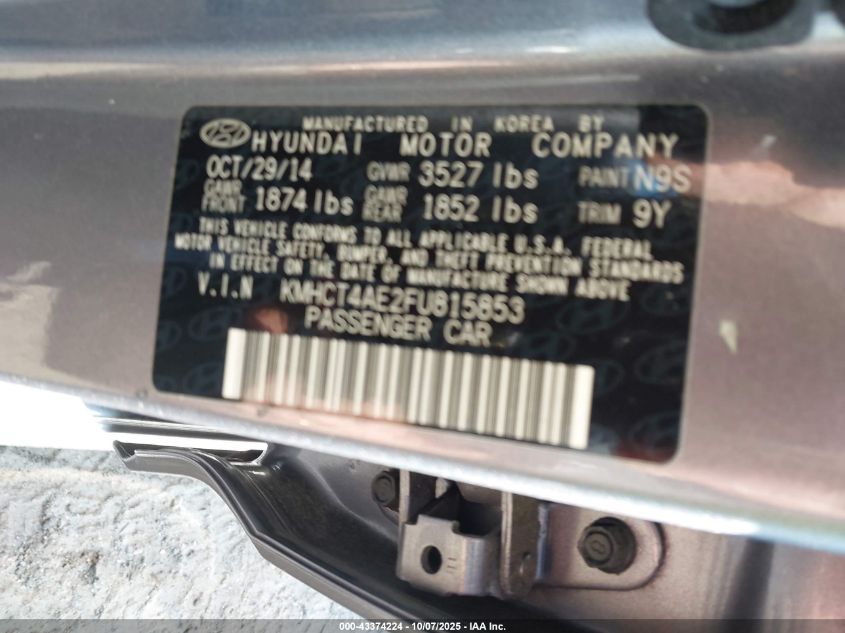 2015 Hyundai Accent Gls VIN: KMHCT4AE2FU815853 Lot: 43374224