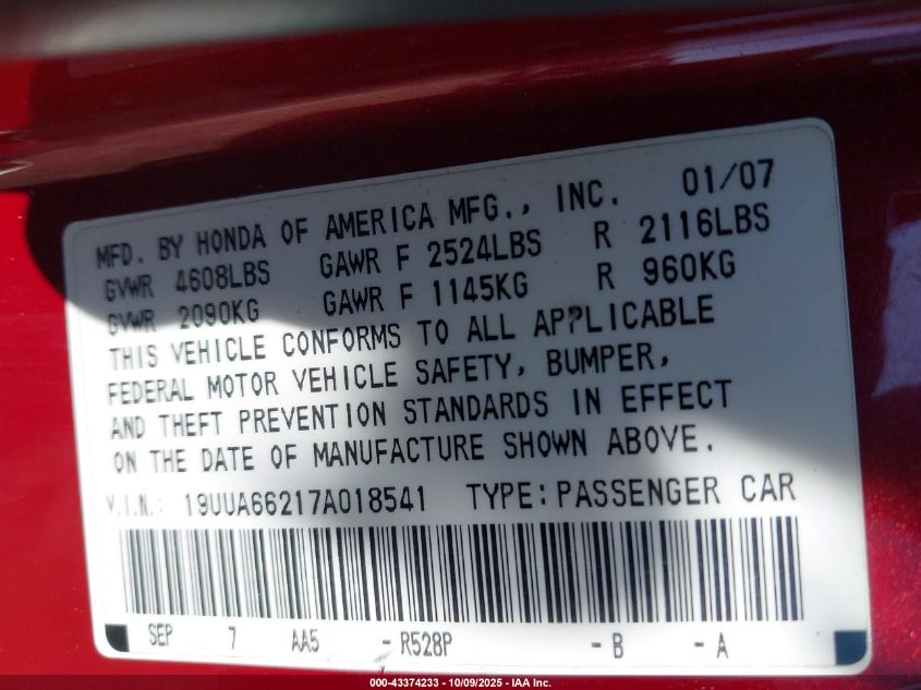 2007 Acura Tl 3.2 VIN: 19UUA66217A018541 Lot: 43374233
