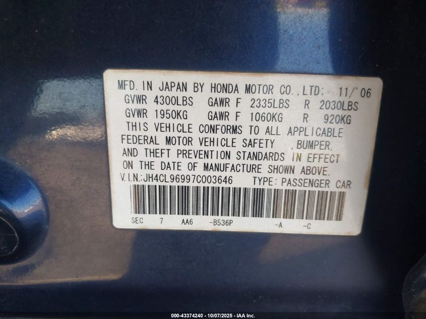 2007 Acura Tsx VIN: JH4CL96997C003646 Lot: 43374240