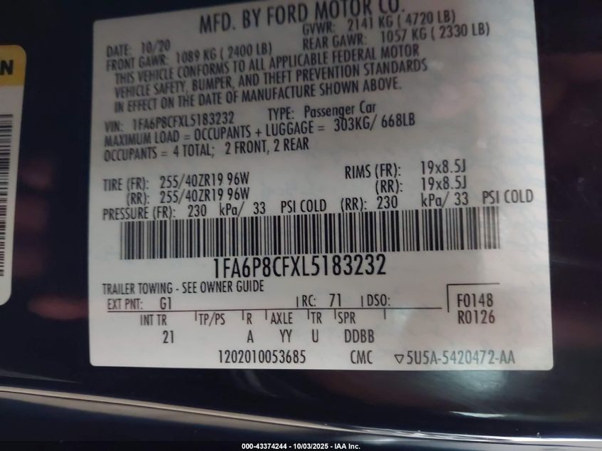 2020 Ford Mustang Gt Fastback VIN: 1FA6P8CFXL5183232 Lot: 43374244