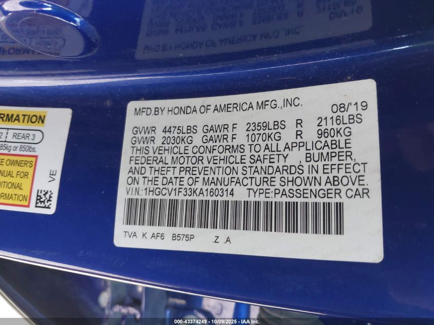 2019 Honda Accord Sport VIN: 1HGCV1F33KA160314 Lot: 43374249