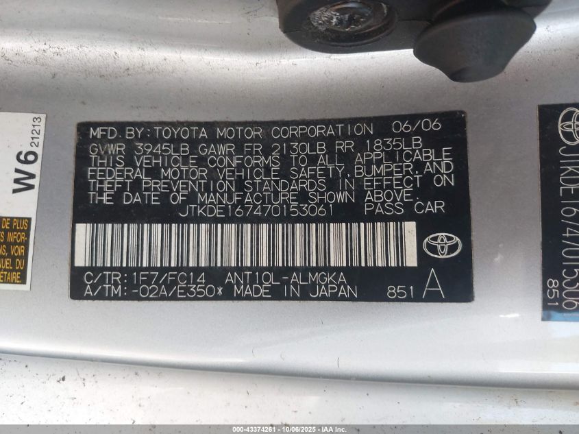 2007 Scion Tc VIN: JTKDE167470153061 Lot: 43374261