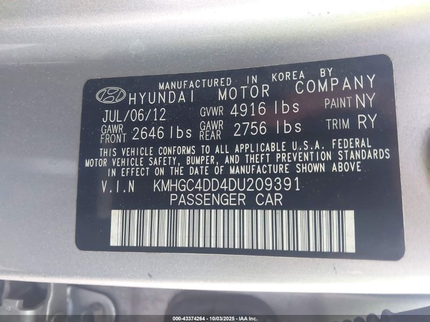 2013 Hyundai Genesis 3.8 VIN: KMHGC4DD4DU209391 Lot: 43374264