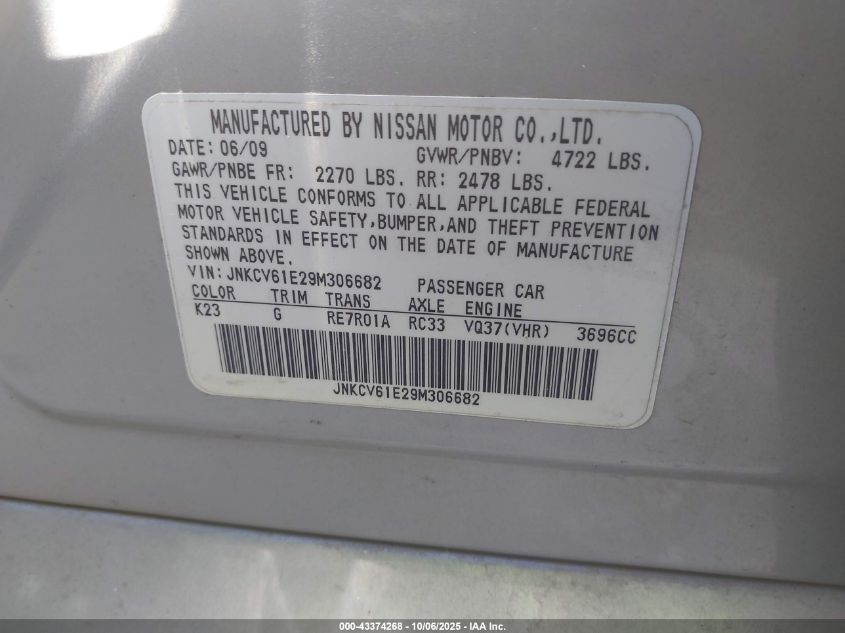 2009 Infiniti G37 Journey VIN: JNKCV61E29M306682 Lot: 43374268