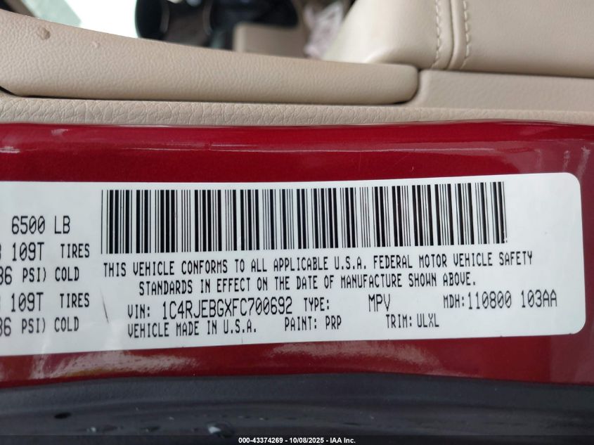 2015 Jeep Grand Cherokee Limited VIN: 1C4RJEBGXFC700692 Lot: 43374269