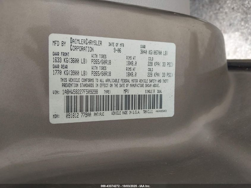 2007 Chrysler Aspen Limited VIN: 1A8HW58227F509298 Lot: 43374272