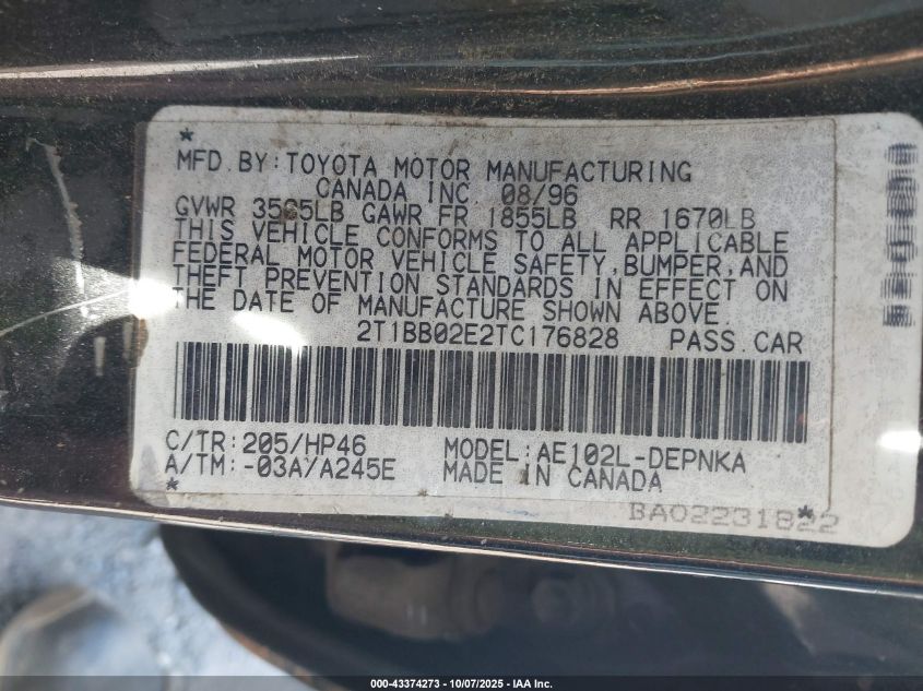1996 Toyota Corolla Dx VIN: 2T1BB02E2TC176828 Lot: 43374273