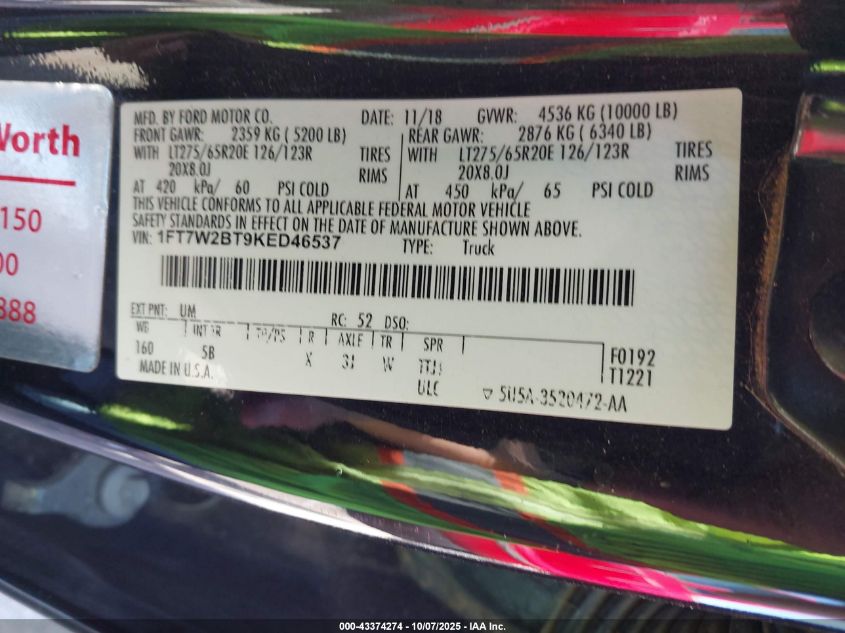 2019 Ford F-250 Lariat VIN: 1FT7W2BT9KED46537 Lot: 43374274