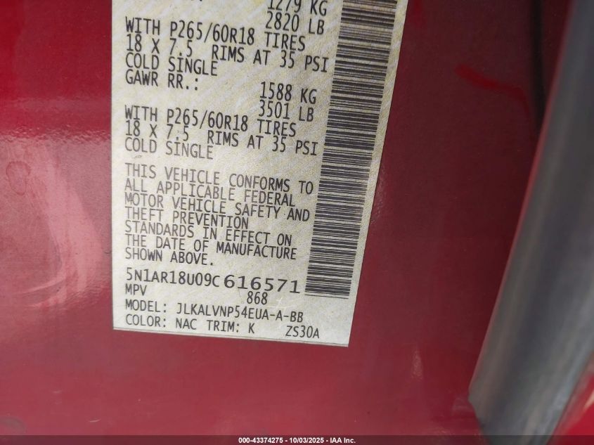 2009 Nissan Pathfinder Le VIN: 5N1AR18U09C616571 Lot: 43374275