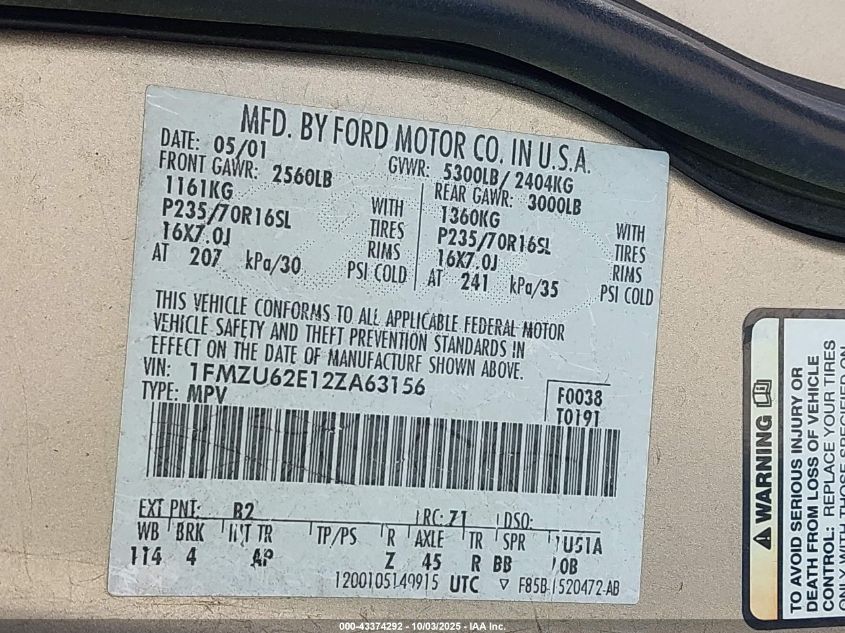 2002 Ford Explorer Xls VIN: 1FMZU62E12ZA63156 Lot: 43374292