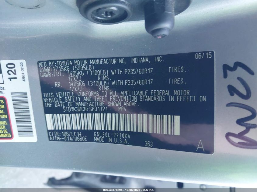 2015 Toyota Sienna Xle 8 Passenger VIN: 5TDYK3DC8FS631121 Lot: 43374294