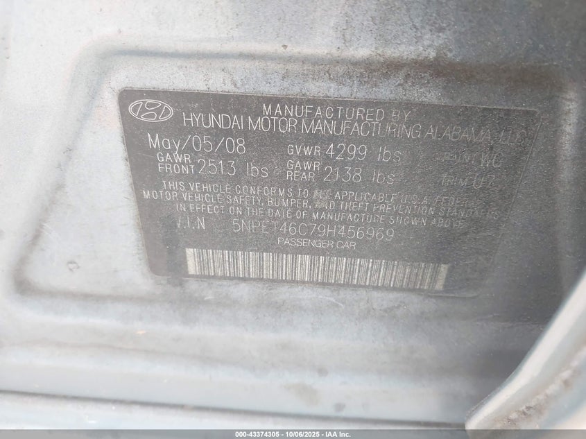 2009 Hyundai Sonata Gls VIN: 5NPET46C79H456969 Lot: 43374305