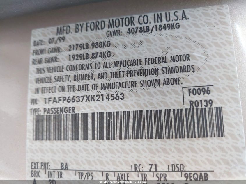 1999 Ford Contour Se VIN: 1FAFP6637XK214563 Lot: 43374307