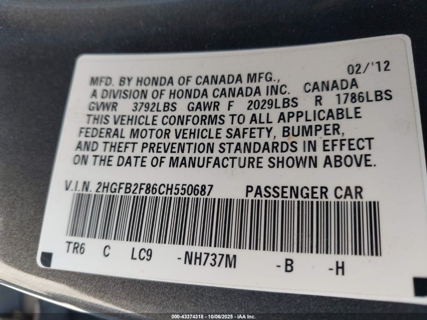 2012 Honda Civic Ex VIN: 2HGFB2F86CH550687 Lot: 43374318